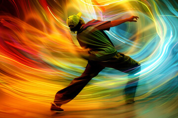 A man in a green shirt is dancing in a colorful swirl