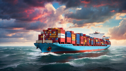 A cargo ship laden with colorful containers - obrazy, fototapety, plakaty