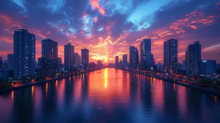 Fotobehang City Skylines: Photograph iconic city skylines during sunrise or sunset for dramatic effect © Nico