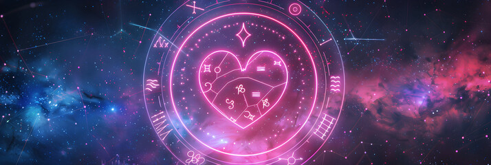 Circle of Zodiac Signs Surrounding a Pink Heart - A Love Horoscope Concept - obrazy, fototapety, plakaty