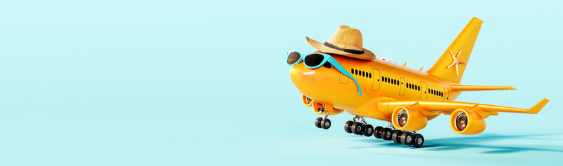 Cute orange airplane wearing hat and sunglasses ready for summer vacation. Summer travel concept...