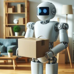 A robot holding a cardboard box.