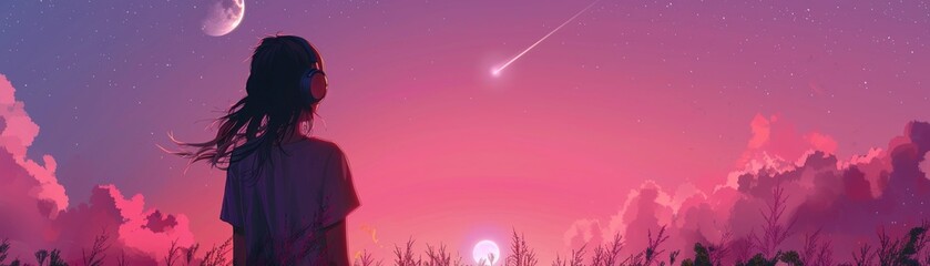 A girl with headphones stands in a field, looking at a pink sunset sky and purple clouds she is seen from behind The sun shines through her hair A glowing moon can be seen above it Her back is turned