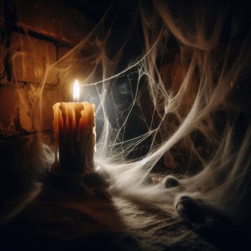 A burning candle in a dark basement surrounded by cobwebs.