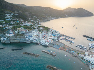 Aerial view of sunrise at Borgo Sant'Angelo in Ischia in the municipality of Serrana Fontana.A fishing village in an island in Naples