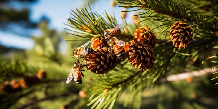 Bees gathering pine honey. Honeydew honey background with pine cones and pine twigs