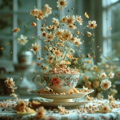 A cup of chamomile tea surrounded by flowers.
Concept: Herbal drink and the tranquility of nature, a warm summer mood and a healthy lifestyle.