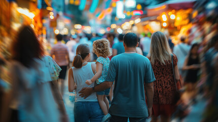 Family Evening Stroll in Vibrant Urban Market Scene