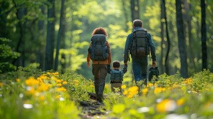 Obraz premium Faceless family walking hike through the summer forest. Rear view of parents and child walking on trail
