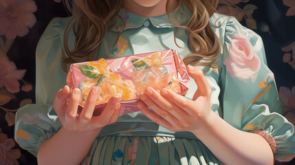 Young girl in pastel floral dress tenderly holds gift 2D cartoon illustration. Gentle holding sweet treat flat image colorful scene. Cute girl with candy box wallpaper background art