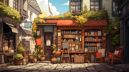 Quaint bookstore on cobbled street 2D cartoon illustration. Facade adorned with greenery, warm...