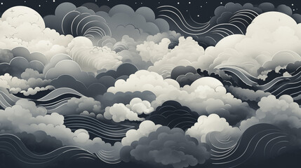 Dreamy layers of clouds undulating monochrome 2D cartoon illustration. Peaceful sea waves, serene cloudscape flat image colorful scene horizontal. Soothing nature wallpaper background art