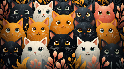 Cute cats with expressive eyes 2D cartoon illustration. Kittens amid botanical elements flat image colorful scene horizontal. Adorable felines whiskers plants wallpaper background art
