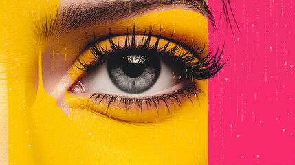 Vivid gaze color contrast closeup image. Beauty trend. Striking eye female close up photography marketing. Makeup artistry concept photo realistic. Visual contrast picture photorealistic