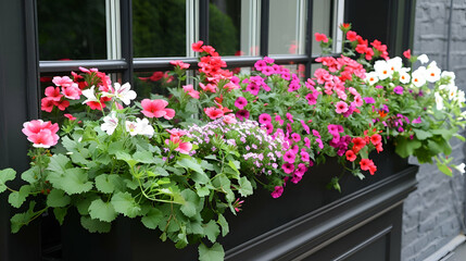 A stunning array of petunias and pelargoniums bursts from a window box, adding a pop of color to the sleek black window frames.