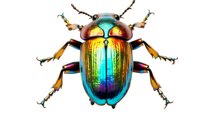 A vibrant multicolored beetle stands against a pure white background