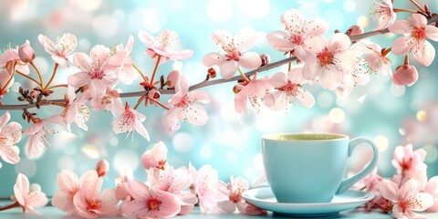 A cup of green tea is surrounded by flowers on a light background.
Concept: Health and well-being, morning rituals and tea ceremony, spring mood. - obrazy, fototapety, plakaty