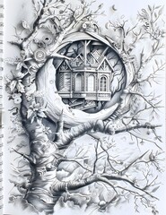 Mystical Moonlit Treehouse Enchantment Intricate Pencil Sketch Junk Journal Page Brimming with Steampunk and Fantasy Elements