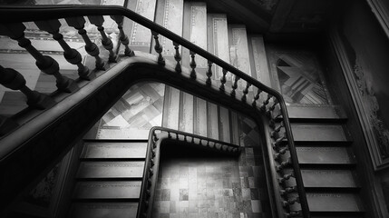 A black and white shot of an old spiraling staircase, creating a dramatic architectural perspective.
