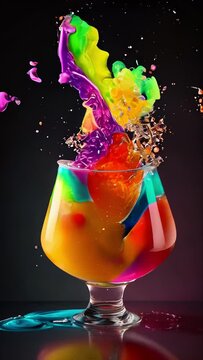 Splash of colorful cocktail with a rainbow effect in a nightclub. Beavers. Full Color.