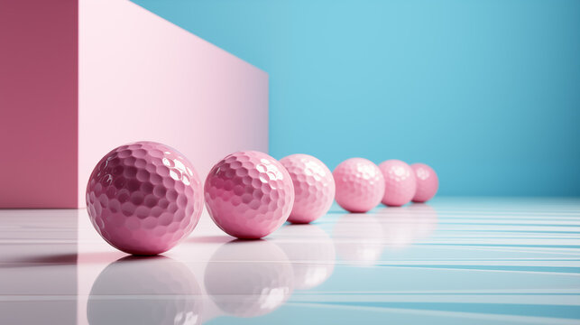 Pink golf balls in diagonal line 3d rendering image. Glossy golfballs on glossy turquoise floor background wallpaper colorful realistic. Golfclub concept idea, backdrop horizontal
