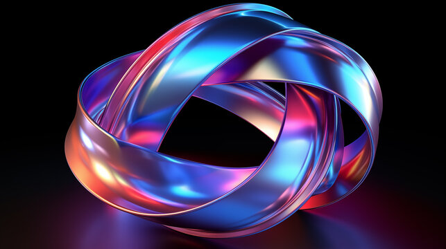 Abstract digital art piece 3d rendering image. Glossy Mobius strip form mesmerizing on black background wallpaper colorful realistic. Holographic y2k concept idea, backdrop horizontal