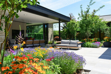 A beautiful garden with a patio area with a couch and a few chairs