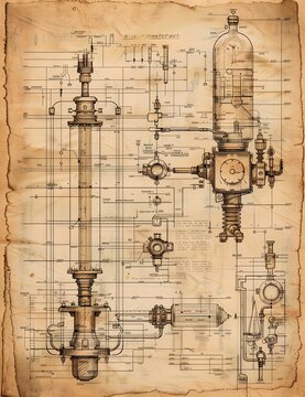 Steampunk Inventors Meticulous Sketchbook Brimming with Blueprint Schematics and Art Nouveau Influence