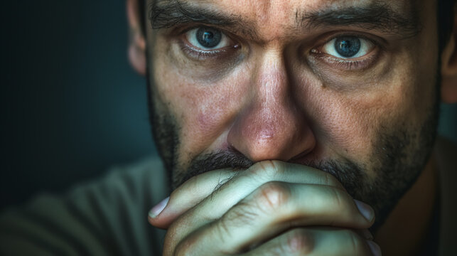 A close-up portrait of a man with his hand over his mouth, eyes wide, embodying a sense of deep concern or anxiety.