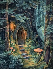Vibrant Acrylic Painting of an Enchanted Door Hidden Among Ancient Trees on an Enchanted Forest Journal Page Evoking s Fantasy Art