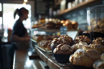 closeup assortment of muffins and loaves on display in front, with the silhouette or blurred figure behind working at a counter or bar area. menu items, adding to the rustic coffee shop ambiance - Powered by Adobe