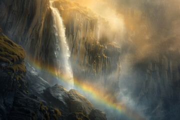 A rainbow is seen over a waterfall, with the sun shining through the mist - obrazy, fototapety, plakaty
