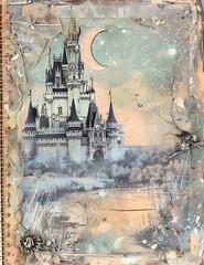 Victorian Era Castle Night Scene HandDrawn in Junk Journal Page using Colored Pencils and Watercolor Elements