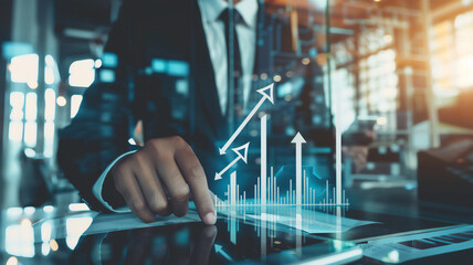 Business leader explaining strategy, double exposure with profit growth arrows, promoting team understanding and alignment to achieve corporate goals in an office environment.