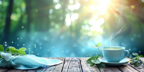 cup of steaming tea on a green meadow under the bright rays of morning light. Copy space banner
Concept: Morning tea in nature, a fresh look at a new day, relaxation
