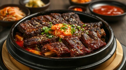 Fototapeta premium The Korean dish Kalbi is fried beef ribs with kimchi and red bean paste.