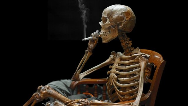 skeleton smoking cigarette, concept of addiction, death, cancer