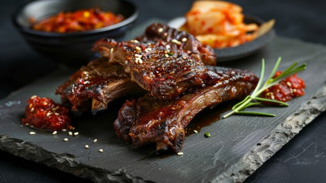 The Korean dish Kalbi is fried beef ribs with kimchi and red bean paste.