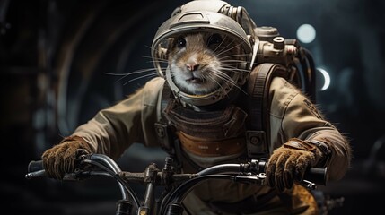 Mouse astronaut grips handlebars of space rover character anthropomorphic. Intrepid rodent helmet whimsical animal portrait humanlike. Anthropomorphism concept photography photorealistic - obrazy, fototapety, plakaty