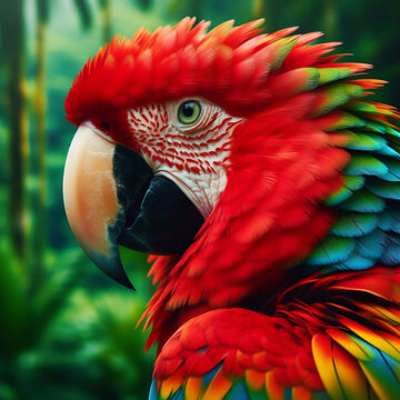 Portrait of colorful Scarlet Macaw parrot against jungle background. Red Scarlet Macaw parrot. Beautiful view to Blue-and-yellow Macaw in amazon community. generative ai