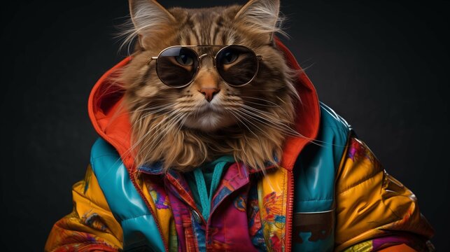 Aviator sunglasses cat in colorful jacket character anthropomorphic. Bold fashion, expressive feline whimsical animal portrait humanlike. Anthropomorphism concept photography realistic