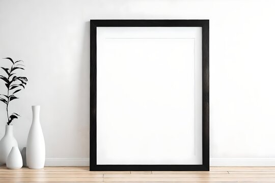 Blank vertical black poster frame standing on light wooden floor against white wall, empty picture frame mockup