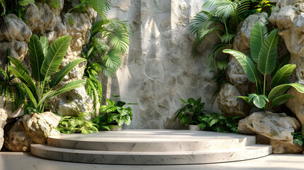 Podium cascading fountain adds a touch of natural beauty to a park, with water flowing over rocks and green foliage. generative ai