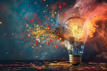 A light bulb exploding with vibrant paint and fire, symbolizing creativity and destruction. - obrazy, fototapety, plakaty