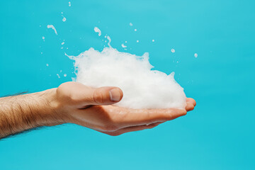 Male hands holding white lush foam on blue background