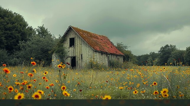 dilapidated barn in a field of wildflowers, a contrast of decay and growth, poignant and beautiful, HD, 4K