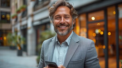 Fototapeta premium Smartly dressed man exudes confidence, smiling while holding a phone outside an office building