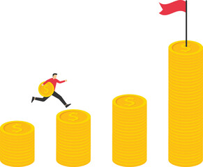 Investment in stock market, savings to achieve financial goal, power of compound interest, collecting wealth, young adult office man carrying money coin jumping on compound money stack.

