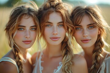 Obraz premium Three women pose with braided hair in a sunny grassy field, exuding natural charm and joy