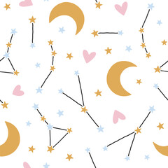 Vector seamless pattern with stars and constellations. Adorable cosmic vector pattern for kids design, fabric, wallpaper. Lovely childish celestial background in flat style. Cartoon sky illustration